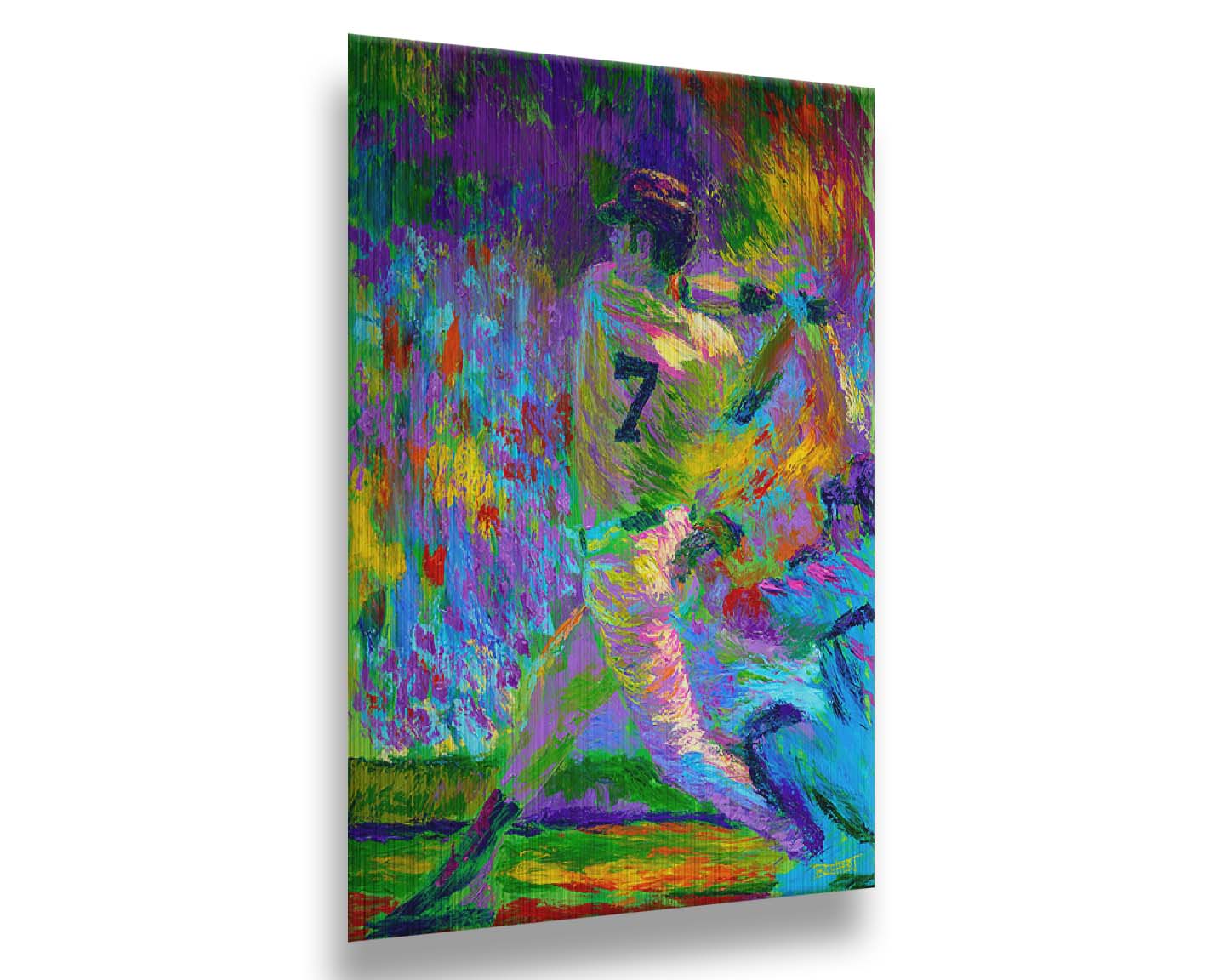 A painting of Minnesota Twins baseball player Joe Mauer, swinging a bat. Printed on metal.