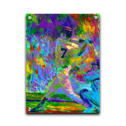 A painting of Minnesota Twins baseball player Joe Mauer, swinging a bat. Printed on acrylic.