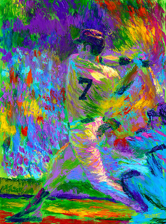 A painting of Minnesota Twins baseball player Joe Mauer, swinging a bat. 