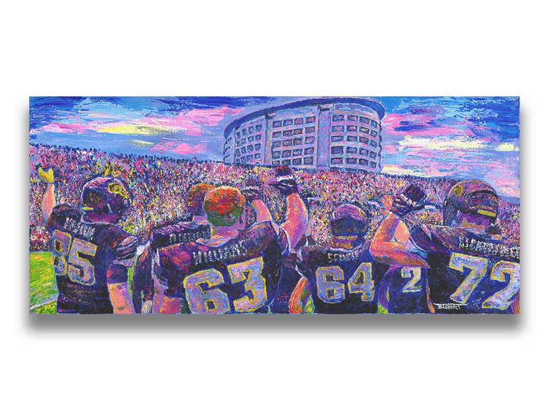 A painting of the Iowa Hawkeyes football team from behind, waving at the massive crowd of fans in front of them. Printed on canvas.