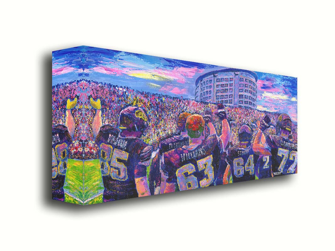 A painting of the Iowa Hawkeyes football team from behind, waving at the massive crowd of fans in front of them. Printed on canvas.