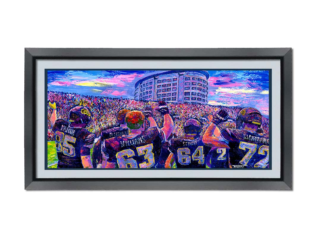 A painting of the Iowa Hawkeyes football team from behind, waving at the massive crowd of fans in front of them. Printed on paper, matted, and framed.