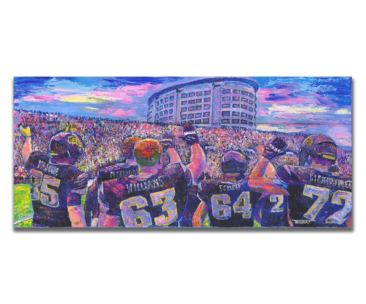 A painting of the Iowa Hawkeyes football team from behind, waving at the massive crowd of fans in front of them. Printed on a box board.