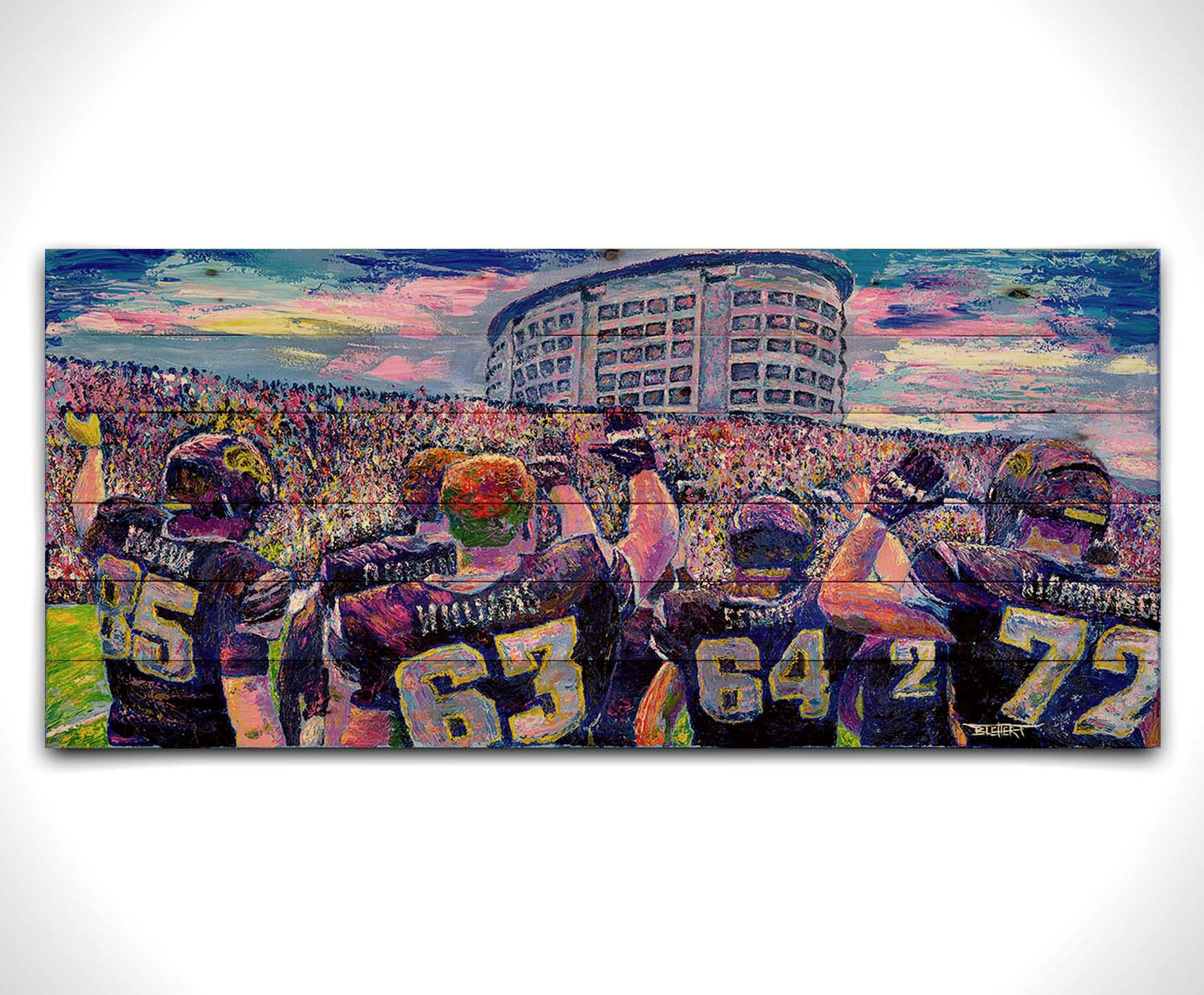 A painting of the Iowa Hawkeyes football team from behind, waving at the massive crowd of fans in front of them. Printed on a wood pallet.