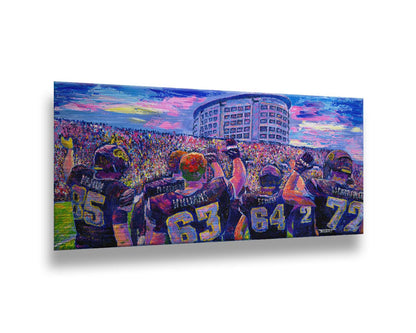 A painting of the Iowa Hawkeyes football team from behind, waving at the massive crowd of fans in front of them. Printed on metal.