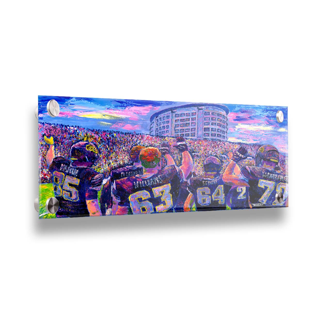 A painting of the Iowa Hawkeyes football team from behind, waving at the massive crowd of fans in front of them. Printed on acrylic.