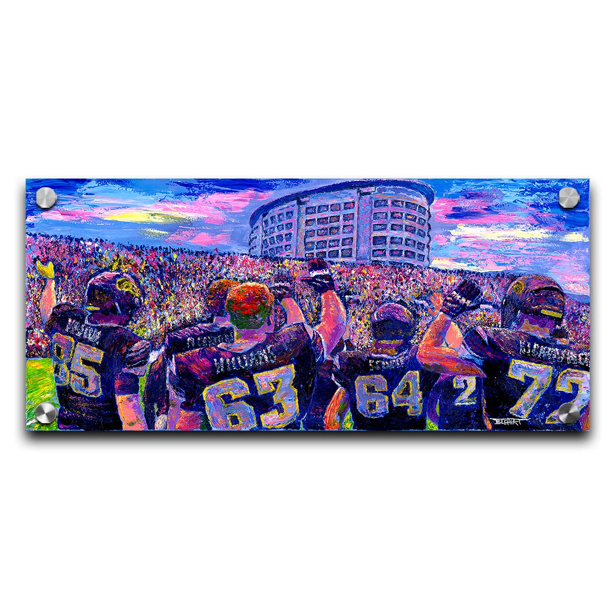 A painting of the Iowa Hawkeyes football team from behind, waving at the massive crowd of fans in front of them. Printed on acrylic.