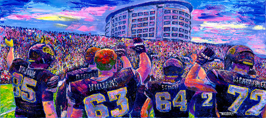 A painting of the Iowa Hawkeyes football team from behind, waving at the massive crowd of fans in front of them. 
