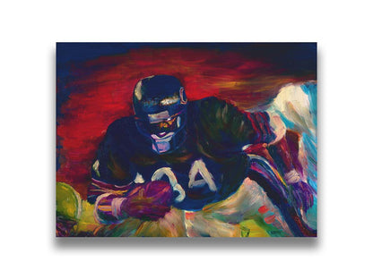 A painting of football player Walter Payton running across the field with the football, with the other team's players in pursuit. Printed on canvas.