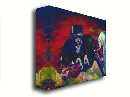 A painting of football player Walter Payton running across the field with the football, with the other team's players in pursuit. Printed on canvas.