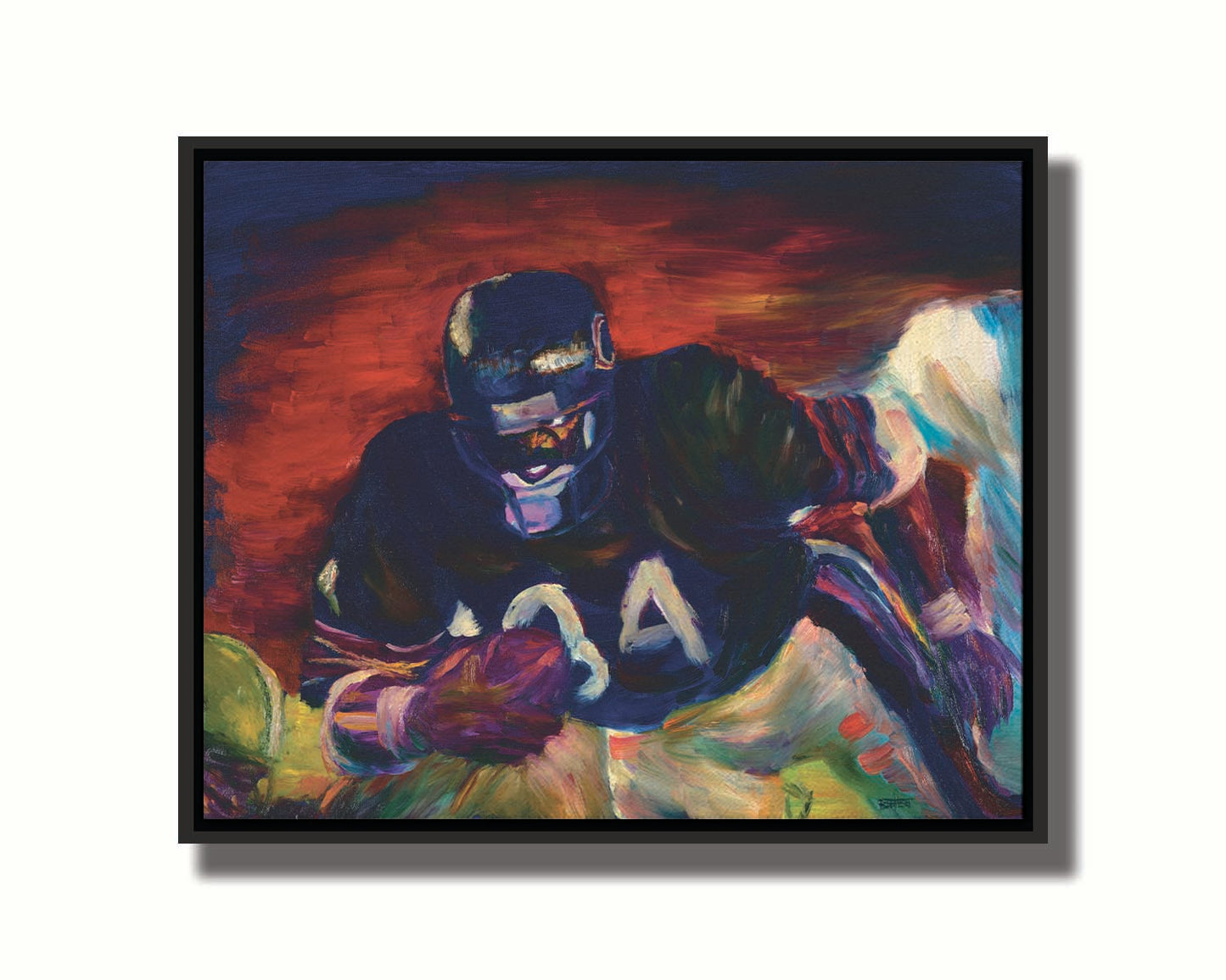 A painting of football player Walter Payton running across the field with the football, with the other team's players in pursuit. Printed on canvas in a float frame.