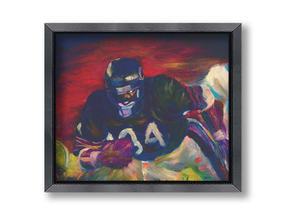 A painting of football player Walter Payton running across the field with the football, with the other team's players in pursuit. Printed on canvas and framed.