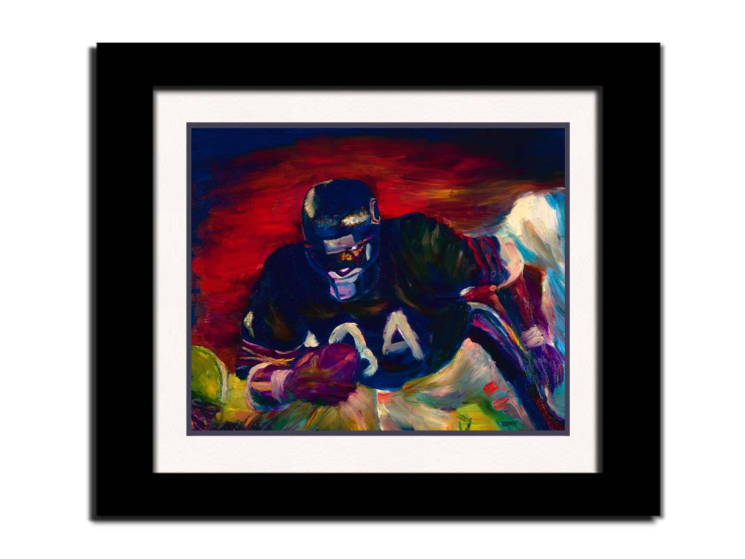 A painting of football player Walter Payton running across the field with the football, with the other team's players in pursuit. Printed on paper, matted, and framed.