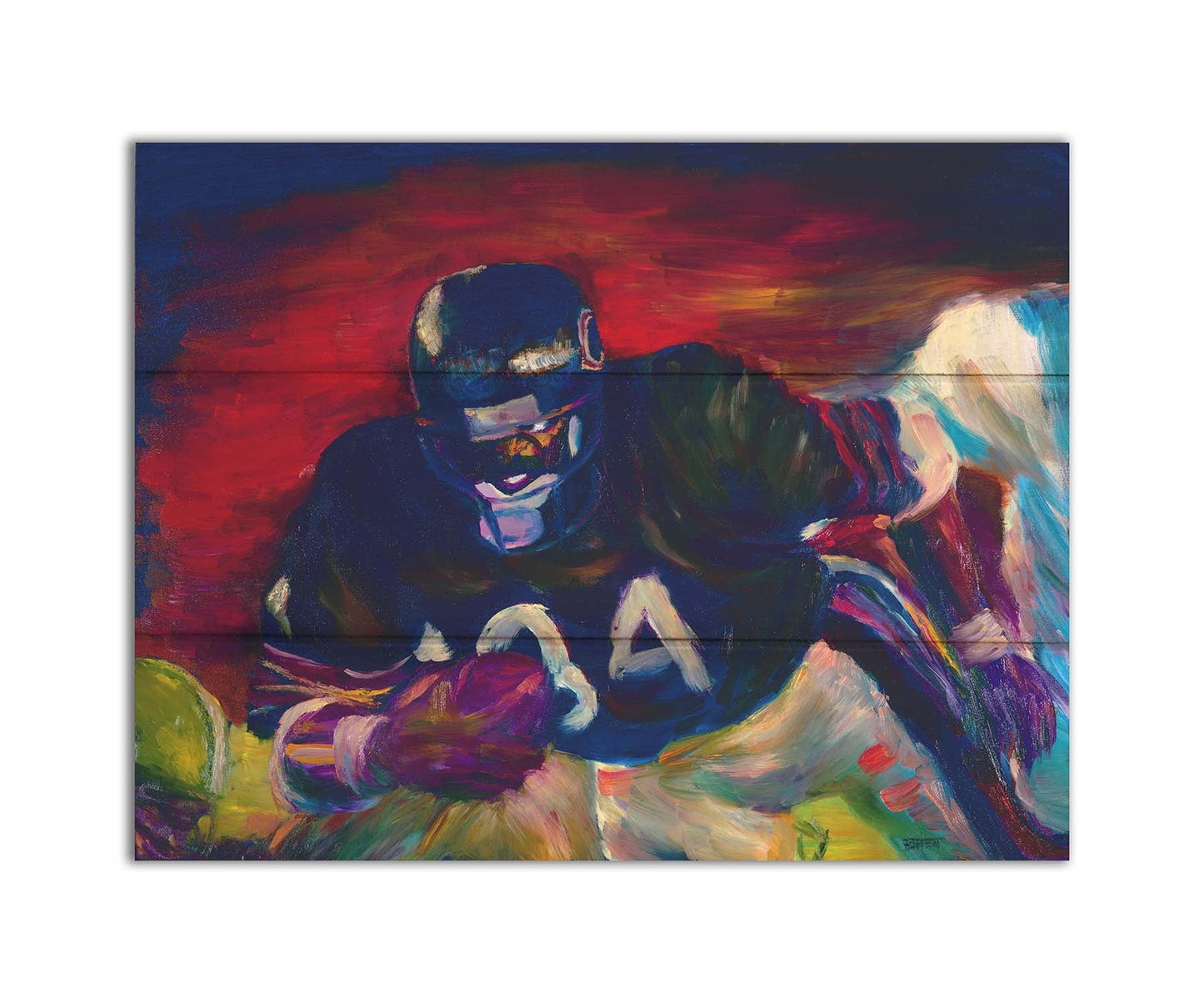 A painting of football player Walter Payton running across the field with the football, with the other team's players in pursuit. Printed on a box board.