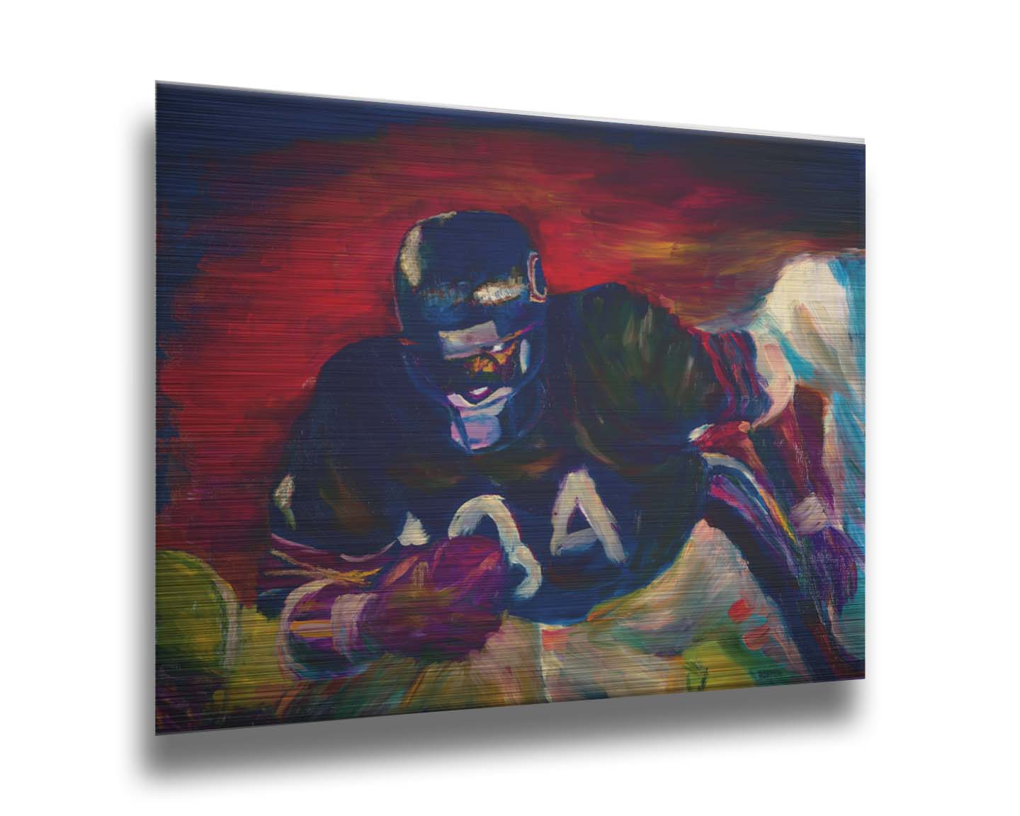 A painting of football player Walter Payton running across the field with the football, with the other team's players in pursuit. Printed on metal.