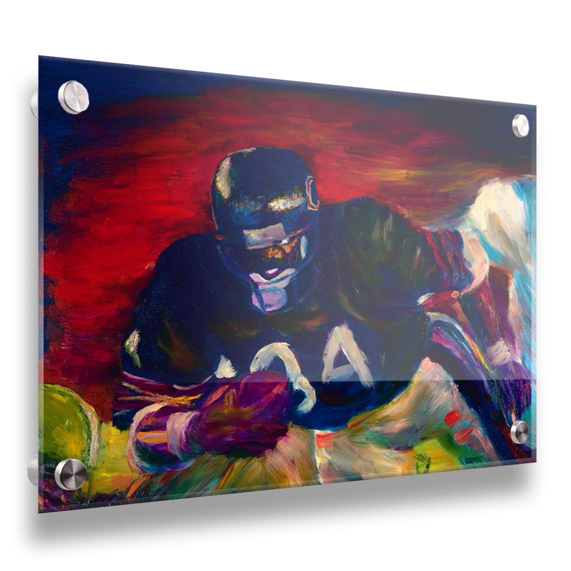 A painting of football player Walter Payton running across the field with the football, with the other team's players in pursuit. Printed on acrylic.