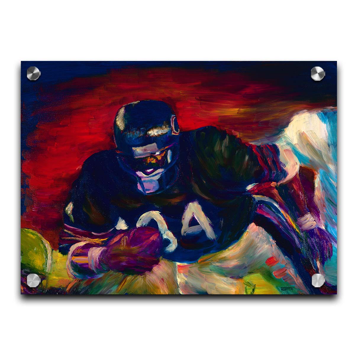 A painting of football player Walter Payton running across the field with the football, with the other team's players in pursuit. Printed on acrylic.