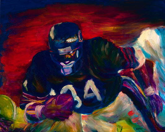 A painting of football player Walter Payton running across the field with the football, with the other team's players in pursuit.