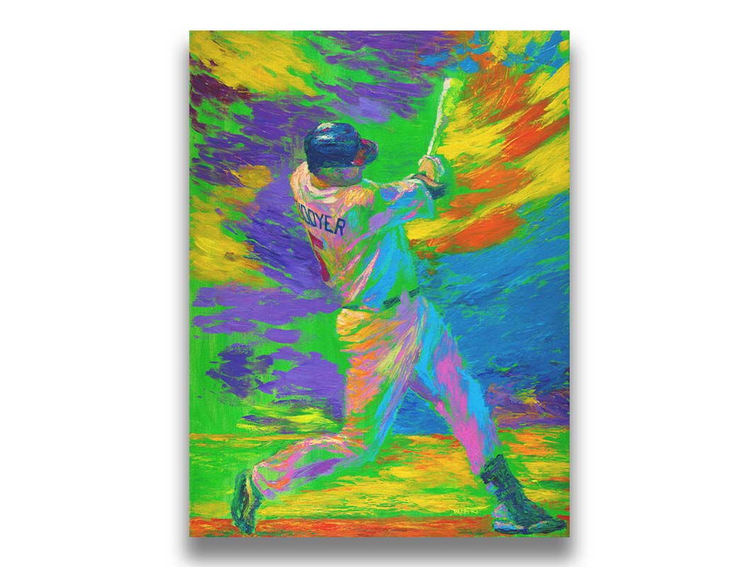 A painting of Minnesota Twins baseball player Michael Cuddyer swinging a bat in a bright, abstract background. Printed on canvas.