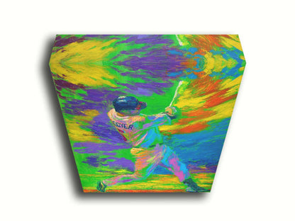 A painting of Minnesota Twins baseball player Michael Cuddyer swinging a bat in a bright, abstract background. Printed on canvas.