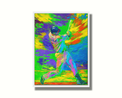 A painting of Minnesota Twins baseball player Michael Cuddyer swinging a bat in a bright, abstract background. Printed on canvas in a float frame.