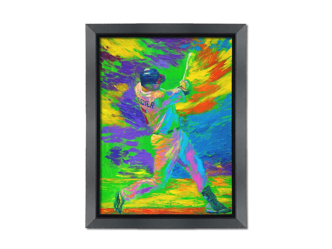 A painting of Minnesota Twins baseball player Michael Cuddyer swinging a bat in a bright, abstract background. Printed on canvas and framed.