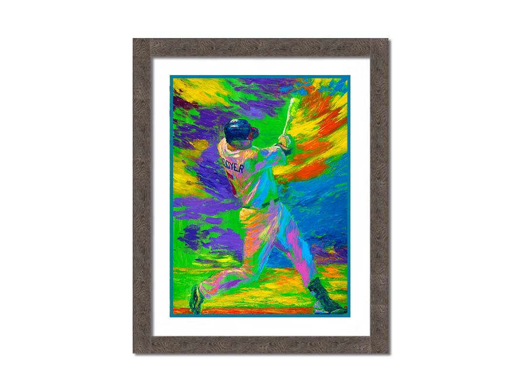 A painting of Minnesota Twins baseball player Michael Cuddyer swinging a bat in a bright, abstract background. Printed on paper, matted, and framed.