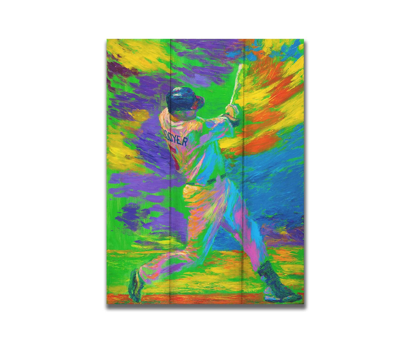 A painting of Minnesota Twins baseball player Michael Cuddyer swinging a bat in a bright, abstract background. Printed on a box board.