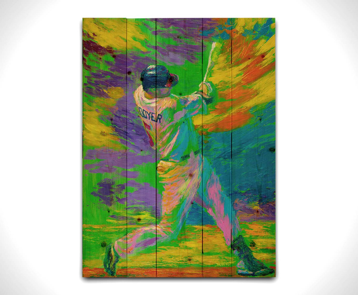 A painting of Minnesota Twins baseball player Michael Cuddyer swinging a bat in a bright, abstract background. Printed on a wood pallet.