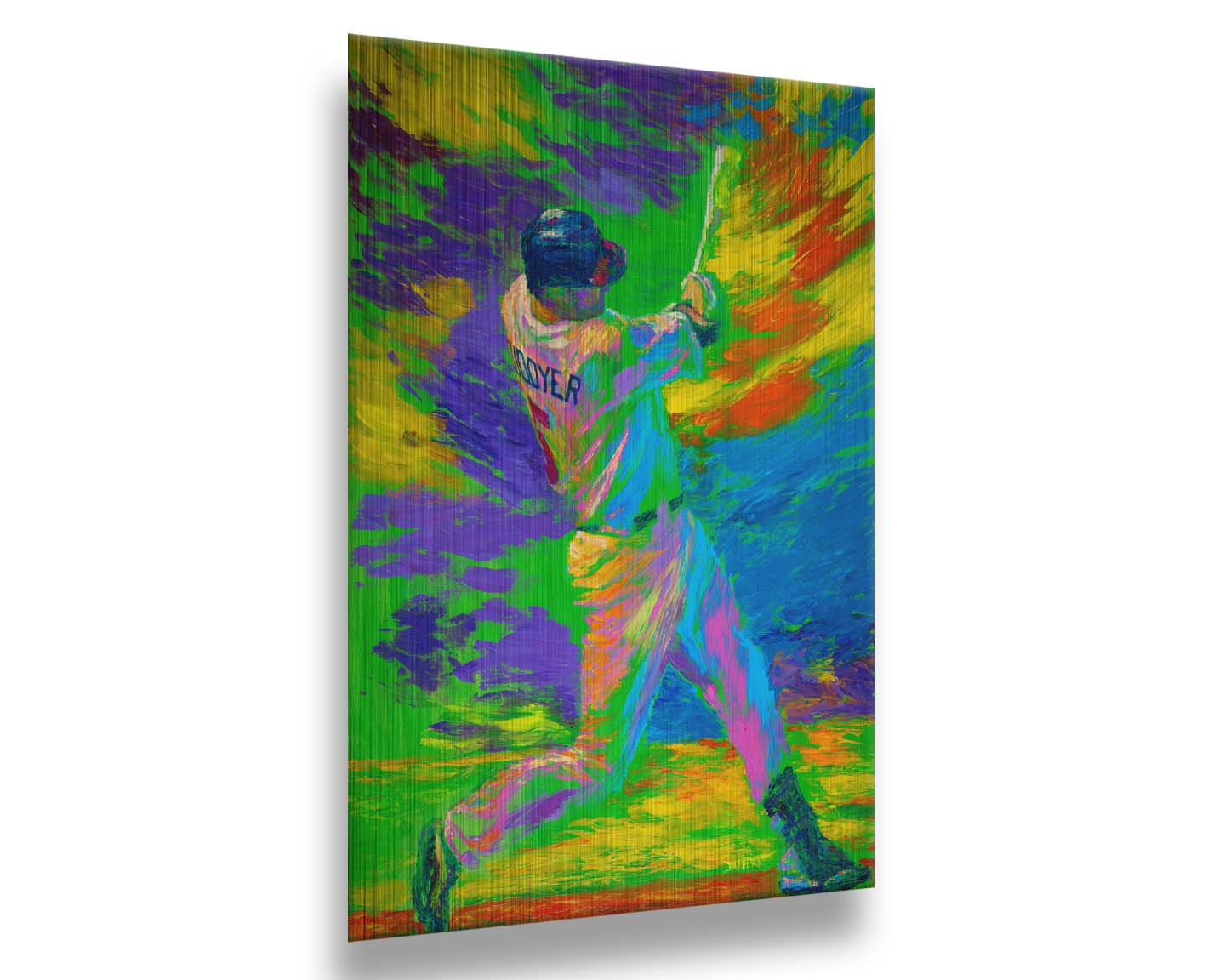 A painting of Minnesota Twins baseball player Michael Cuddyer swinging a bat in a bright, abstract background. Printed on metal.