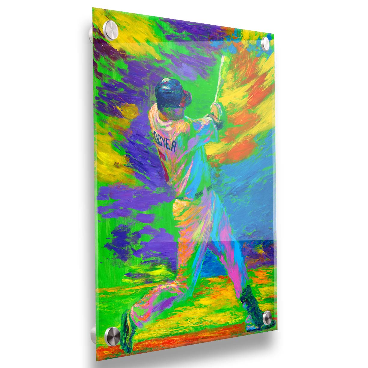 A painting of Minnesota Twins baseball player Michael Cuddyer swinging a bat in a bright, abstract background. Printed on acrylic.