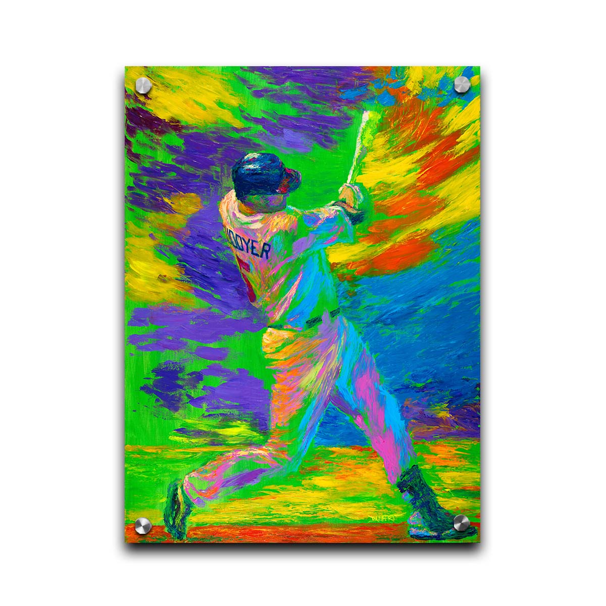 A painting of Minnesota Twins baseball player Michael Cuddyer swinging a bat in a bright, abstract background. Printed on acrylic.