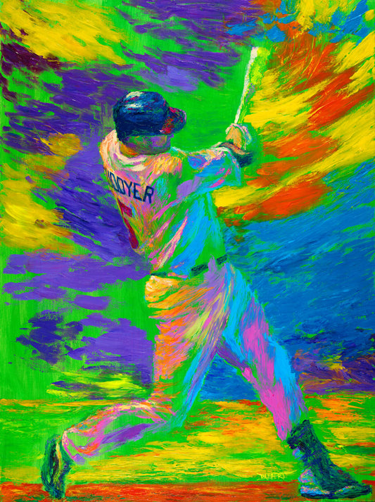 A painting of football player Walter Payton running across the field with the football, with the other team's players in pursuit.