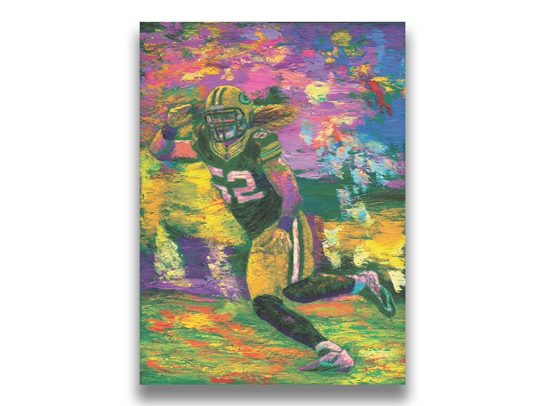 A painting of Green Bay Packers American football player Clay Matthews III as he runs across the field during a game. Printed on canvas.