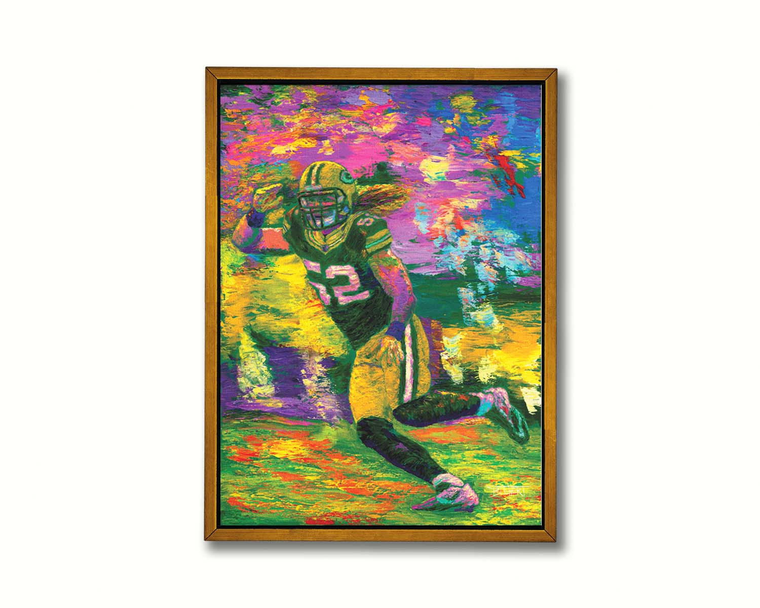 A painting of Green Bay Packers American football player Clay Matthews III as he runs across the field during a game. Printed on canvas in a float frame.