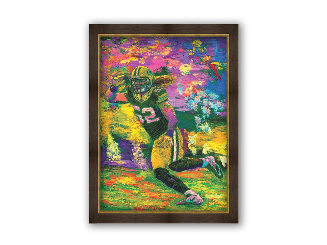 A painting of Green Bay Packers American football player Clay Matthews III as he runs across the field during a game. Printed on canvas and framed.