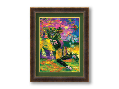 A painting of Green Bay Packers American football player Clay Matthews III as he runs across the field during a game. Printed on paper, matted, and framed.