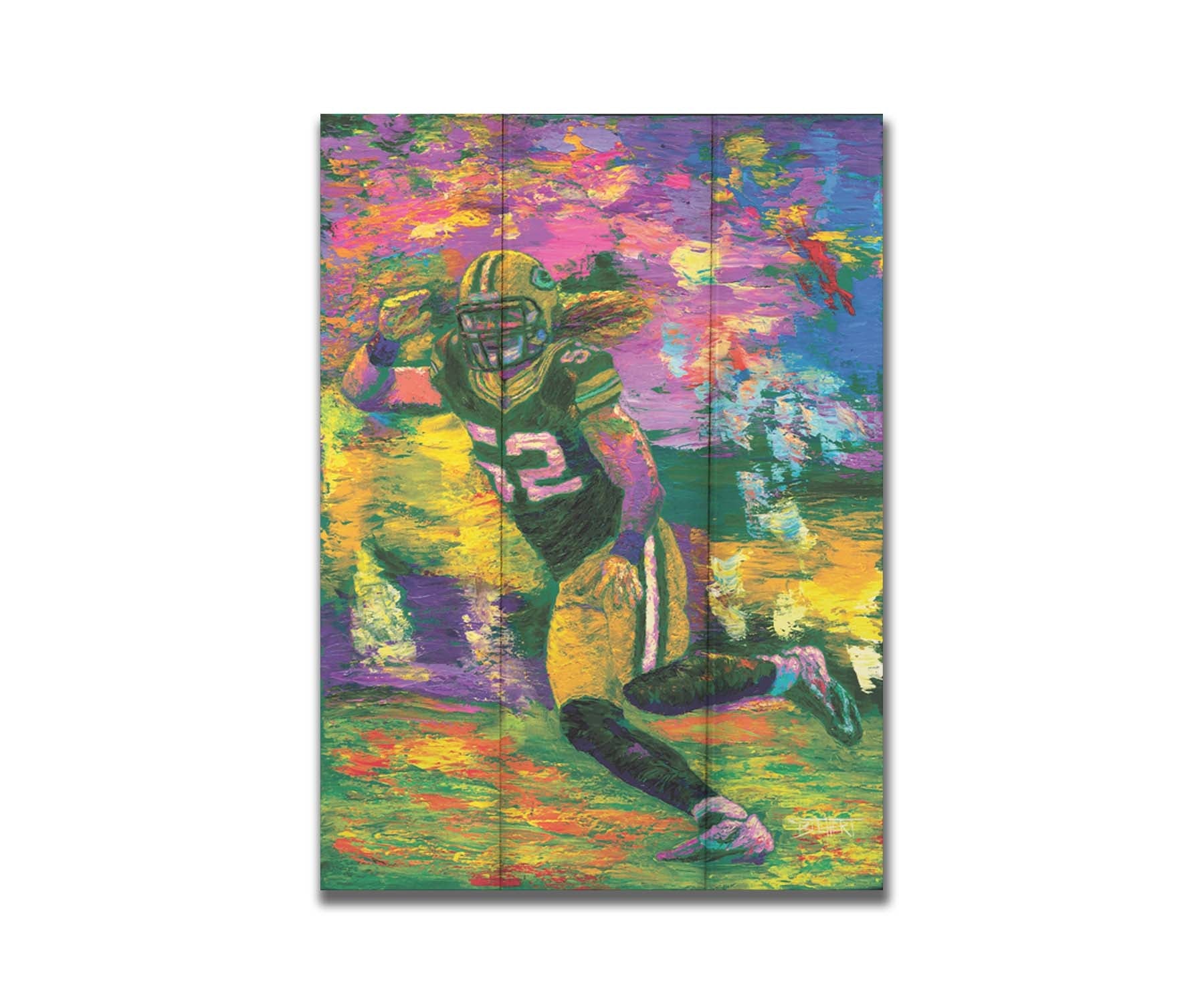 A painting of Green Bay Packers American football player Clay Matthews III as he runs across the field during a game. Printed on a box board.