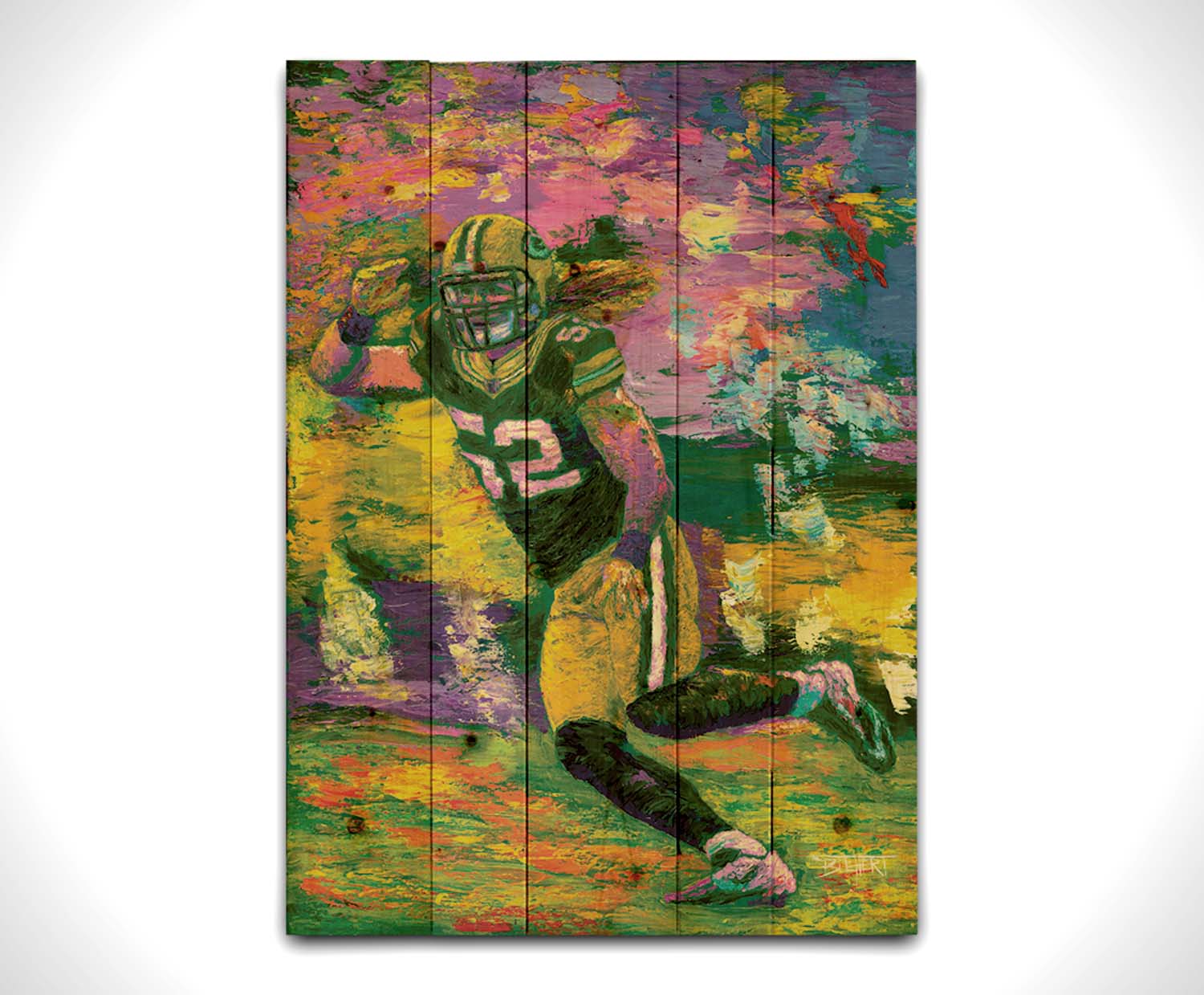 A painting of Green Bay Packers American football player Clay Matthews III as he runs across the field during a game. Printed on a wood pallet.