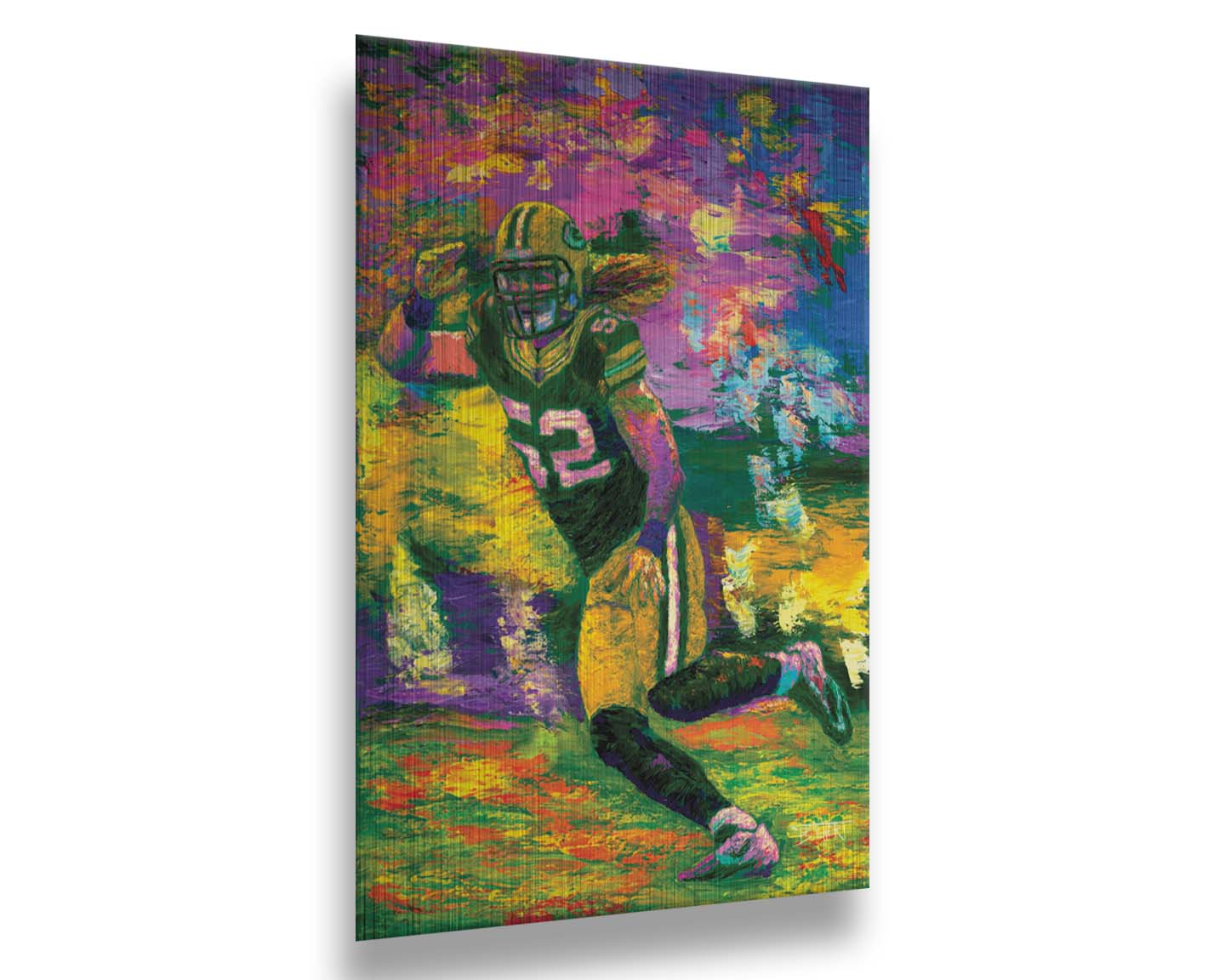 A painting of Green Bay Packers American football player Clay Matthews III as he runs across the field during a game. Printed on metal.