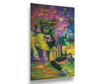 A painting of Green Bay Packers American football player Clay Matthews III as he runs across the field during a game. Printed on metal.