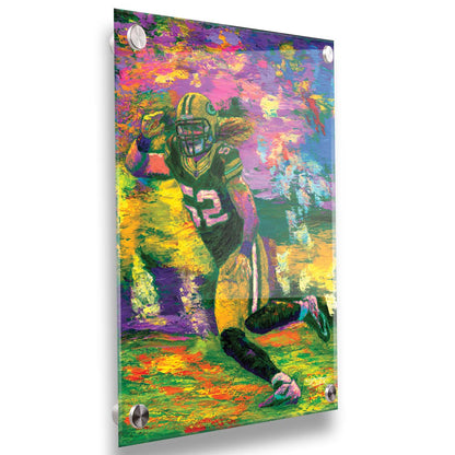 A painting of Green Bay Packers American football player Clay Matthews III as he runs across the field during a game. Printed on acrylic.