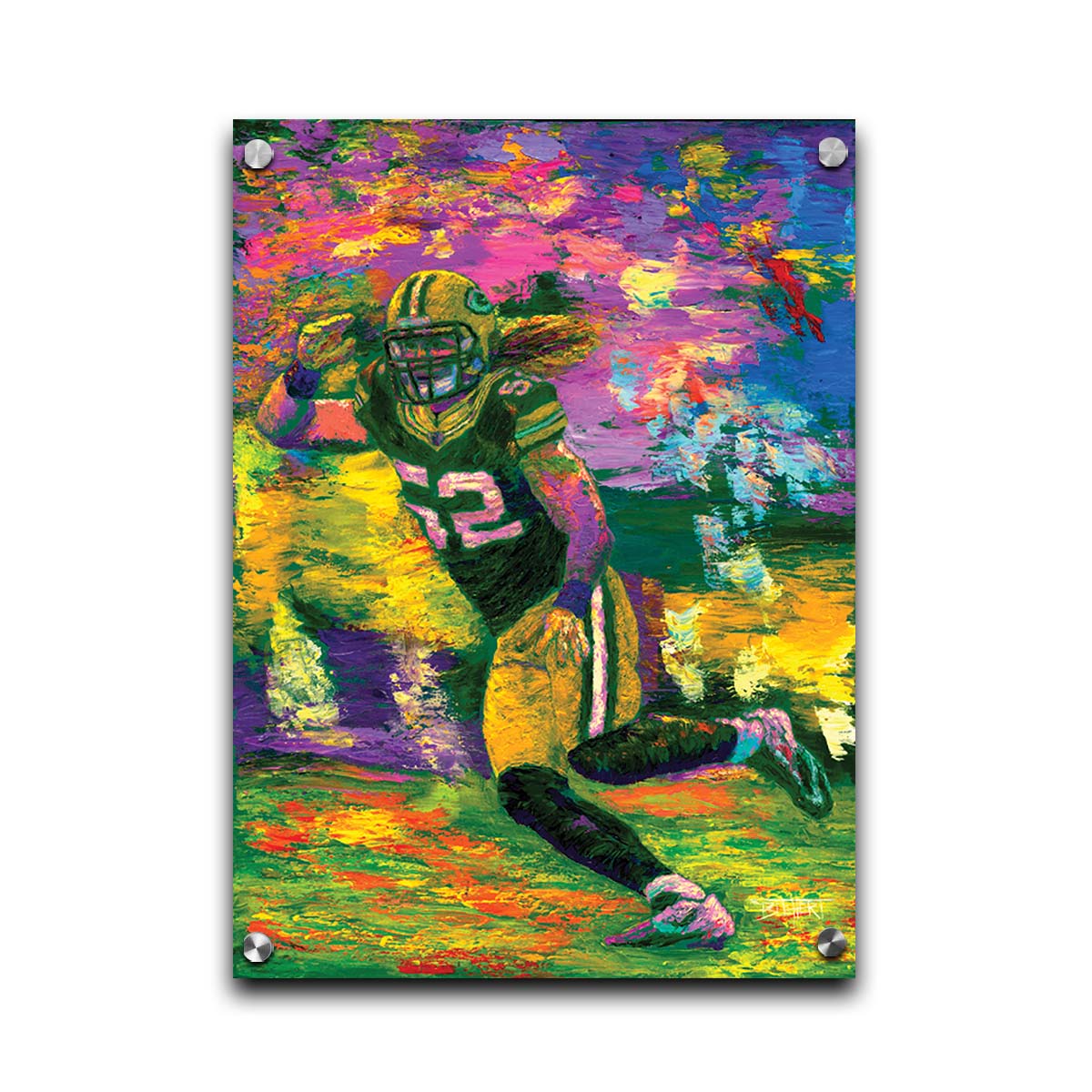 A painting of Green Bay Packers American football player Clay Matthews III as he runs across the field during a game. Printed on acrylic.