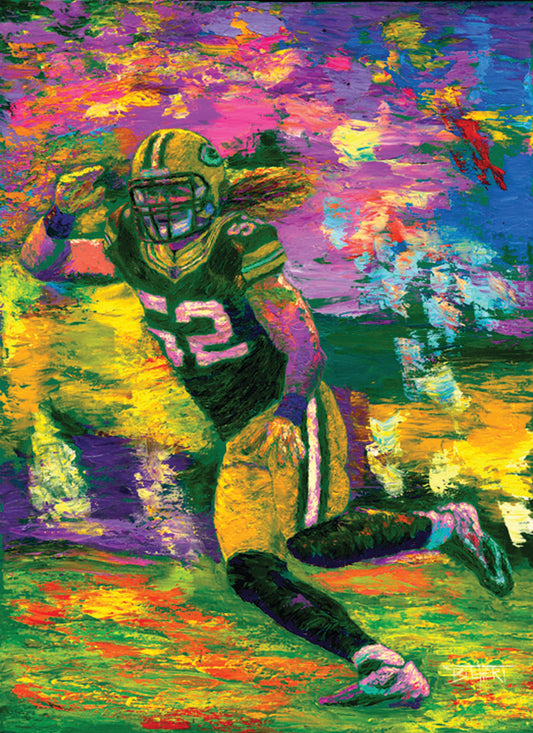 A painting of Green Bay Packers American football player Clay Matthews III as he runs across the field during a game.