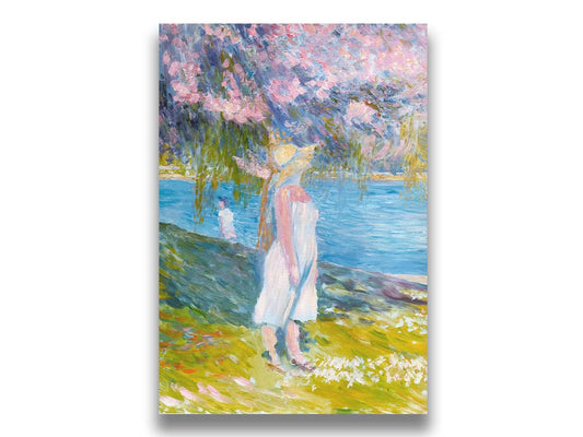 A painting of a person standing in a city park before a lake and walking path. Willow trees and trees with pink blooms grow along the path. Printed on canvas.