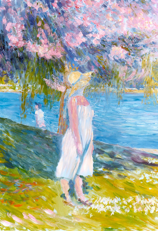 A painting of a person standing in a city park before a lake and walking path. Willow trees and trees with pink blooms grow along the path.