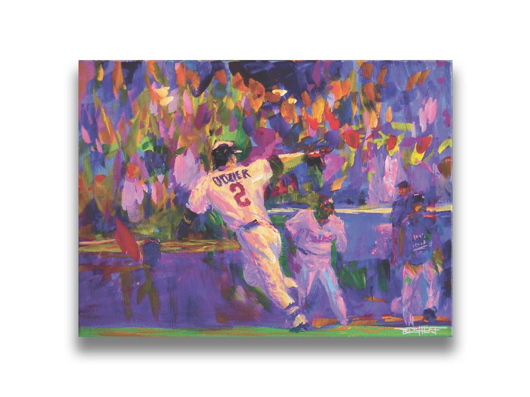 A painting of Minnesota Twins baseball player Brian Dozier, running to home plate to score the winning points. Printed on canvas.