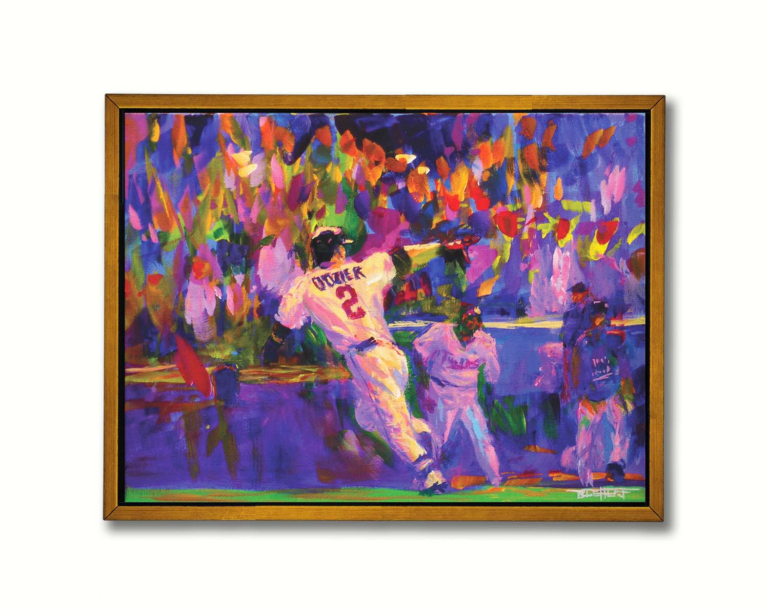 A painting of Minnesota Twins baseball player Brian Dozier, running to home plate to score the winning points. Printed on a canvas in a float frame.