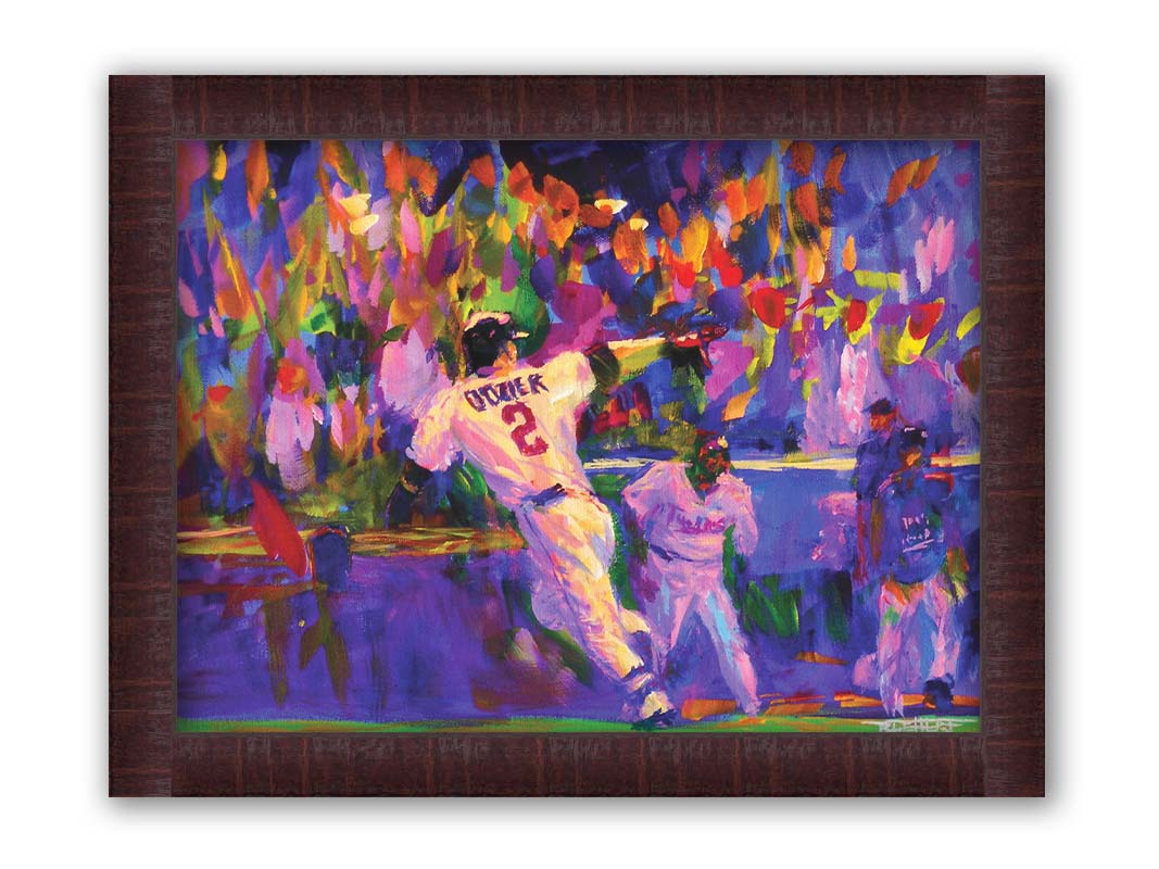 A painting of Minnesota Twins baseball player Brian Dozier, running to home plate to score the winning points. Printed on canvas and framed.