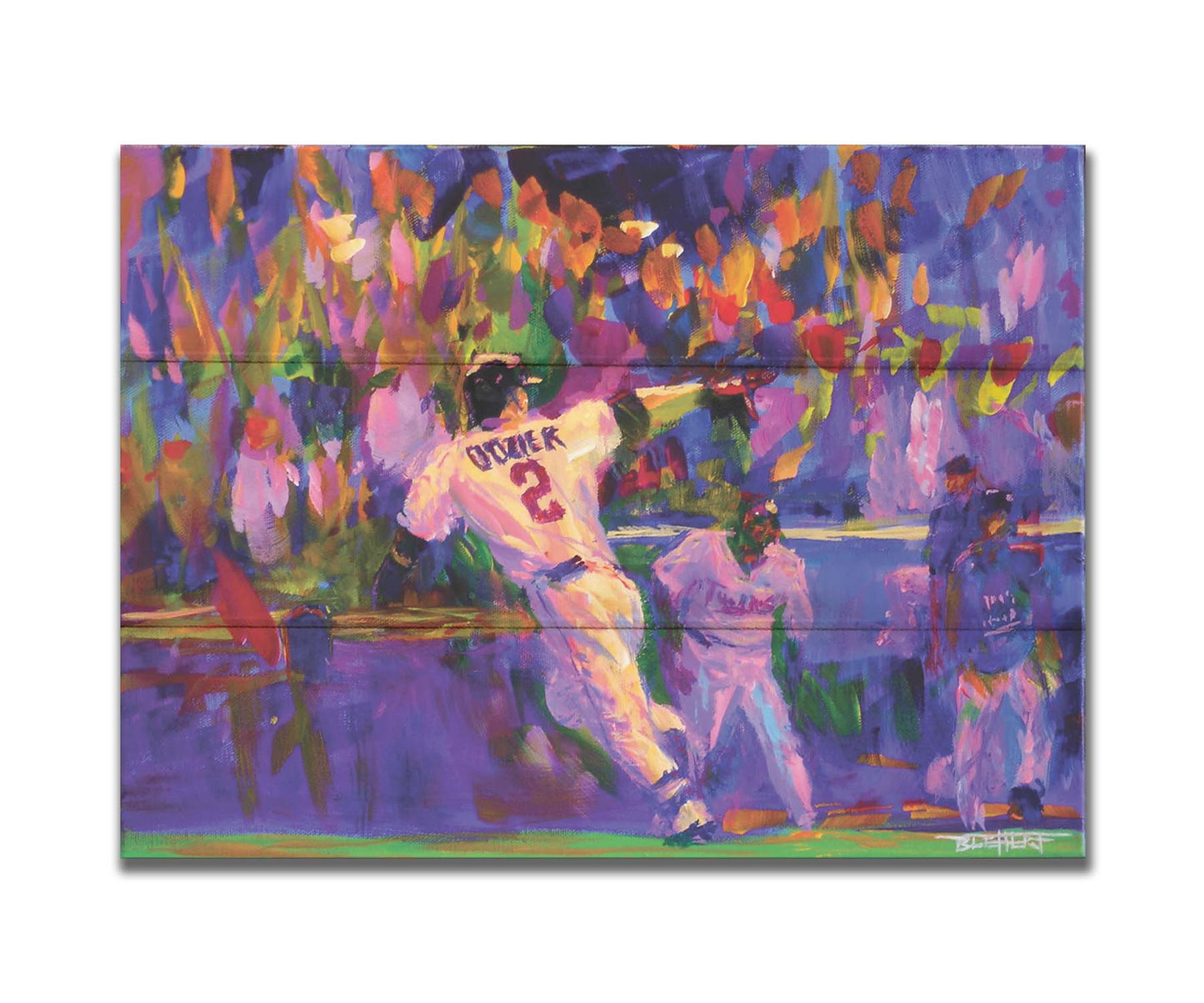 A painting of Minnesota Twins baseball player Brian Dozier, running to home plate to score the winning points. Printed on a box board.